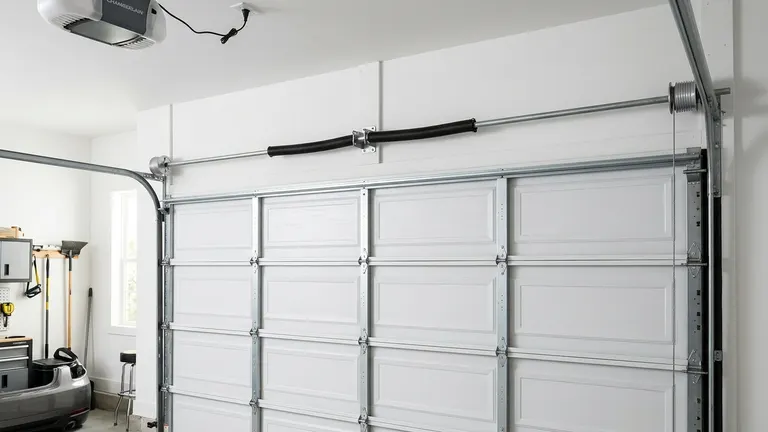 Broken garage door torsion spring above a residential garage door